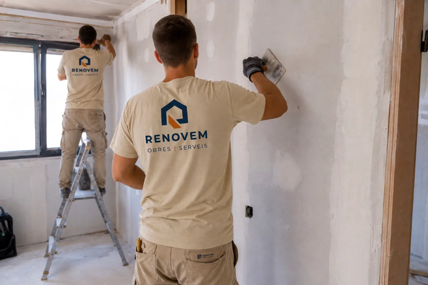 Operaris de RENOVEM enguixant en una obra