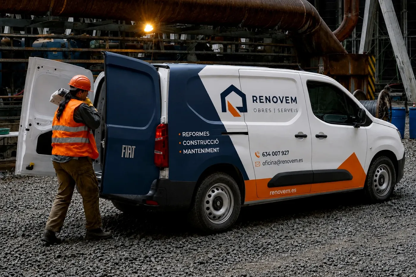 Furgoneta de RENOVEM i operari a peu d'obra